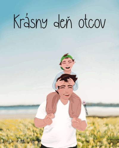 Krasny den otcov. Otec a syn na ilustracii na luke, znazoreni v grafike na mieru.